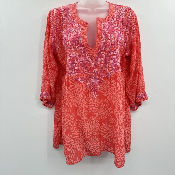 Amaya 100% Silk Embroidered Tunic Top Sz 44 US L Pink Coral Tropical Boho Flowy - Picture 1 of 13